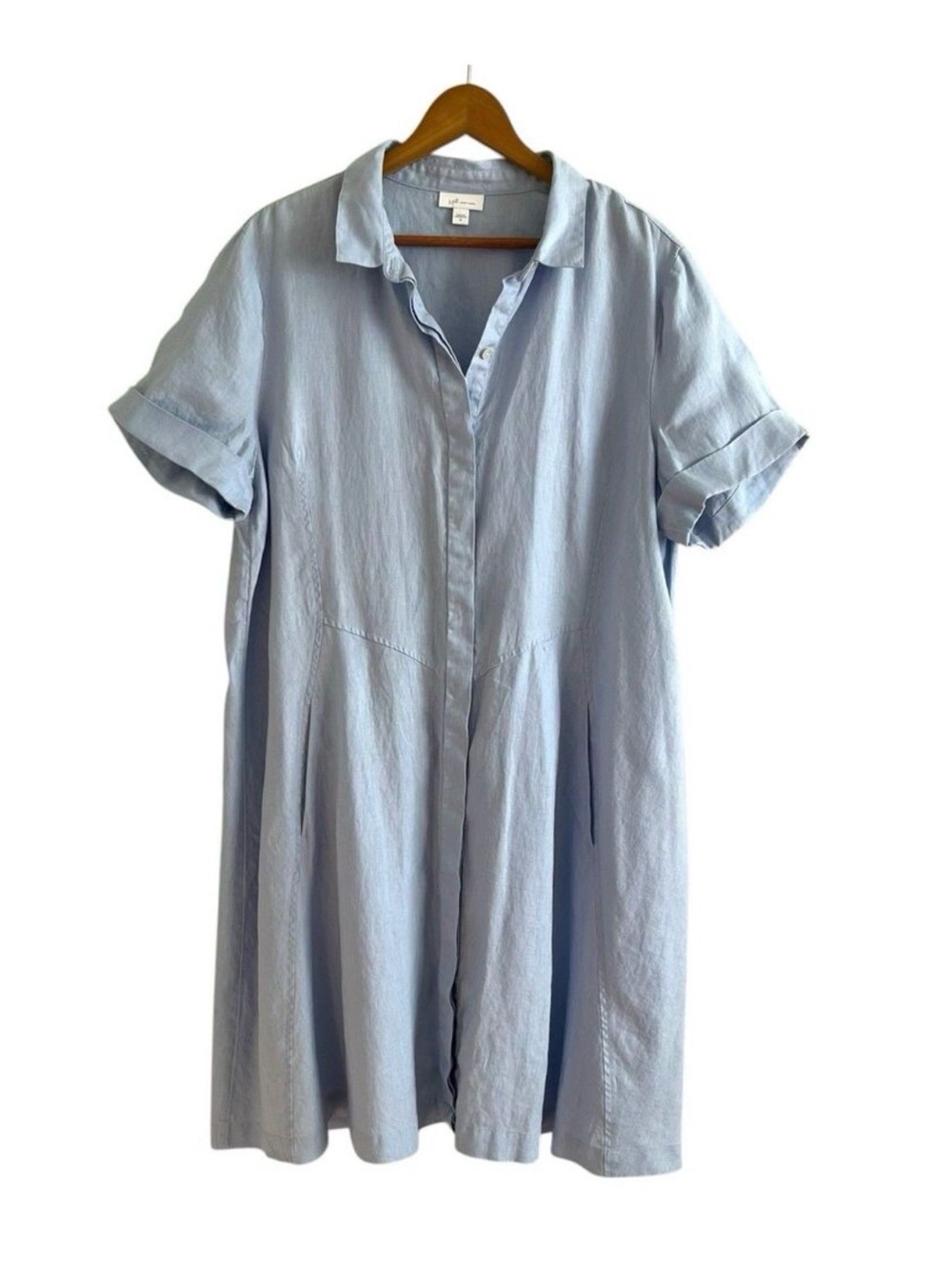 J Jill Love Linen Shirt Dress sz XL Blue Button Front Coastal Resort Minimalist